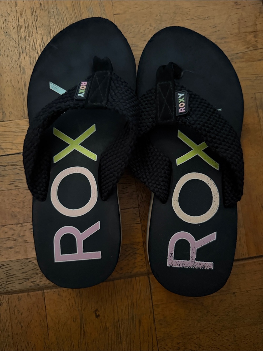 Roxy Kids Black Flip Flops with Pastel Logo
